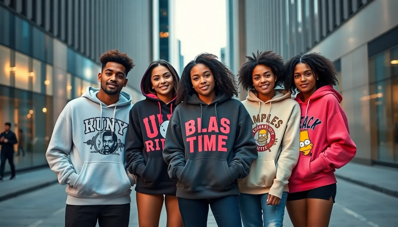 diverse group wearing trendy pop culture hoodies in an urban setting.