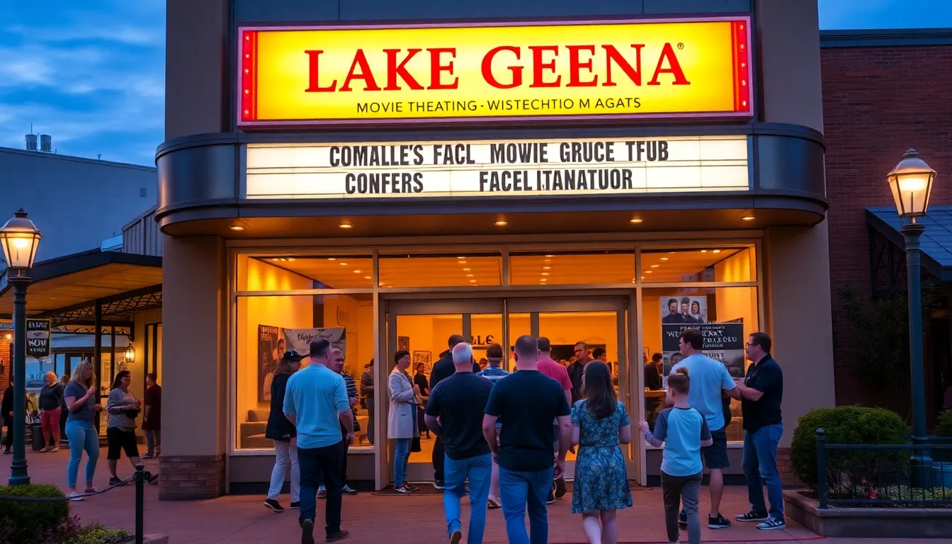 Lake Geneva Movie Theater exterior with diverse patrons enjoying the evening.