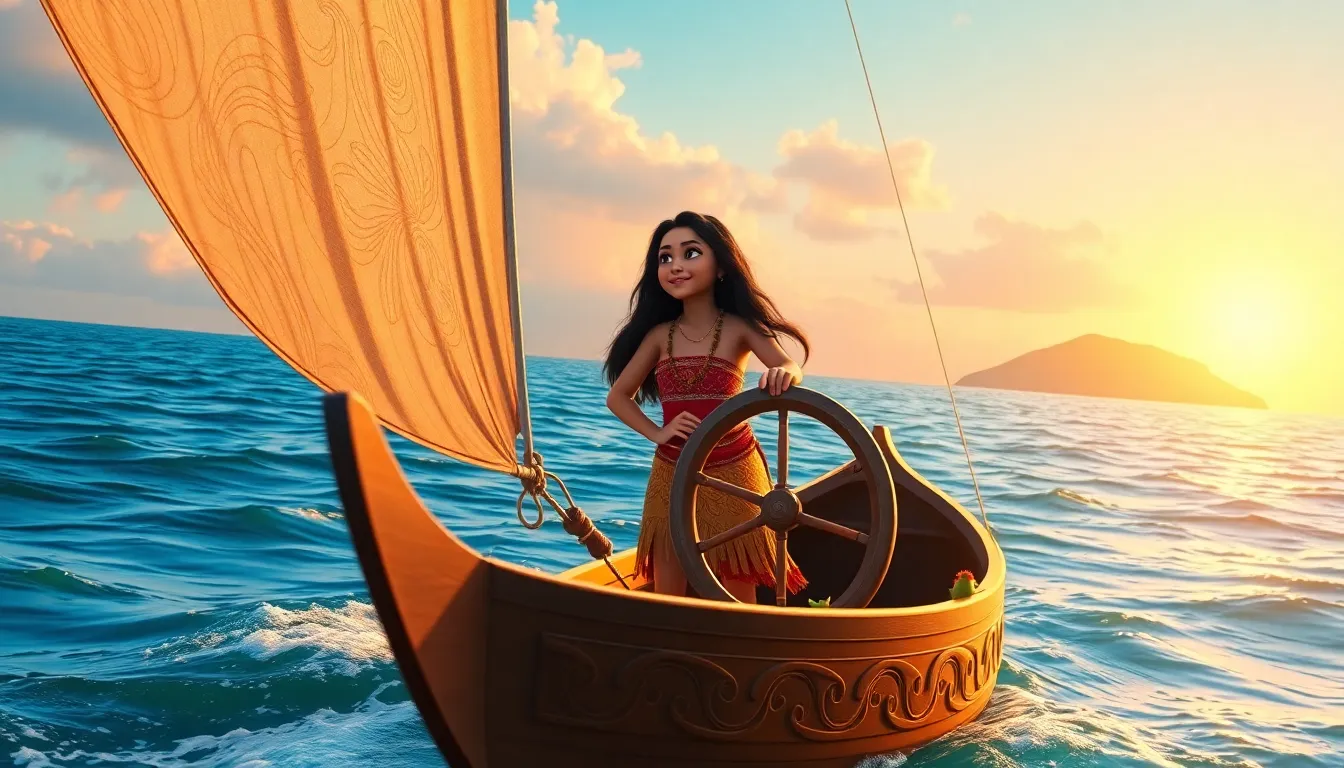 young girl in traditional attire sailing towards a distant island.