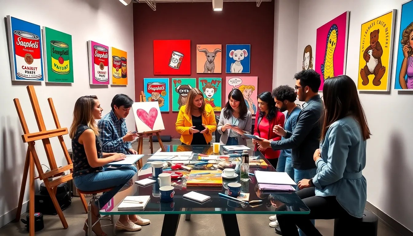 diverse artists collaborating in a vibrant pop art studio.