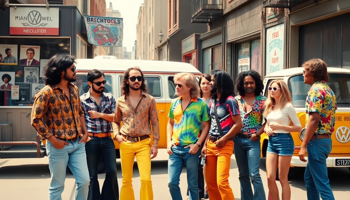 A diverse group celebrating 1970s pop culture in an urban setting.