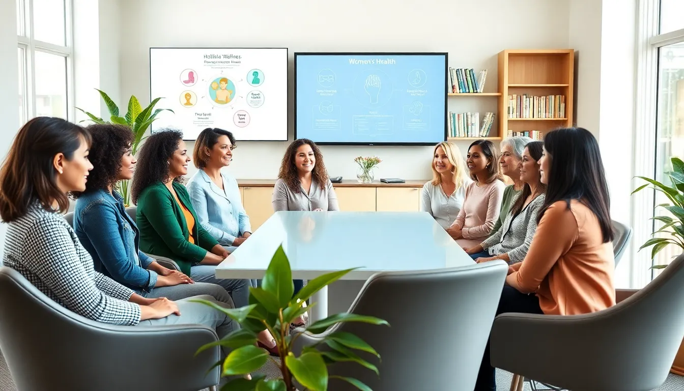 diverse women discussing health in a modern wellness center.