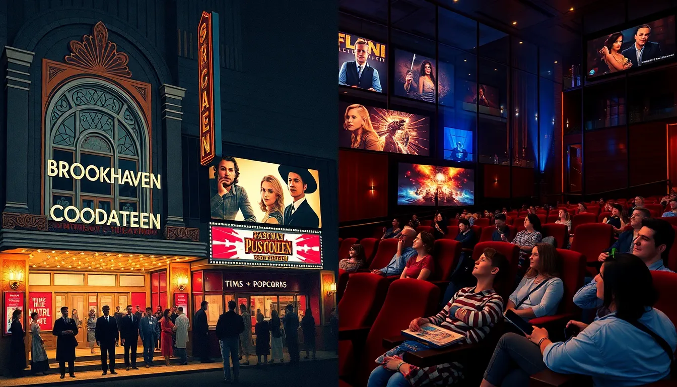 a vintage theater evolving into a modern movie multiplex in Brookhaven.