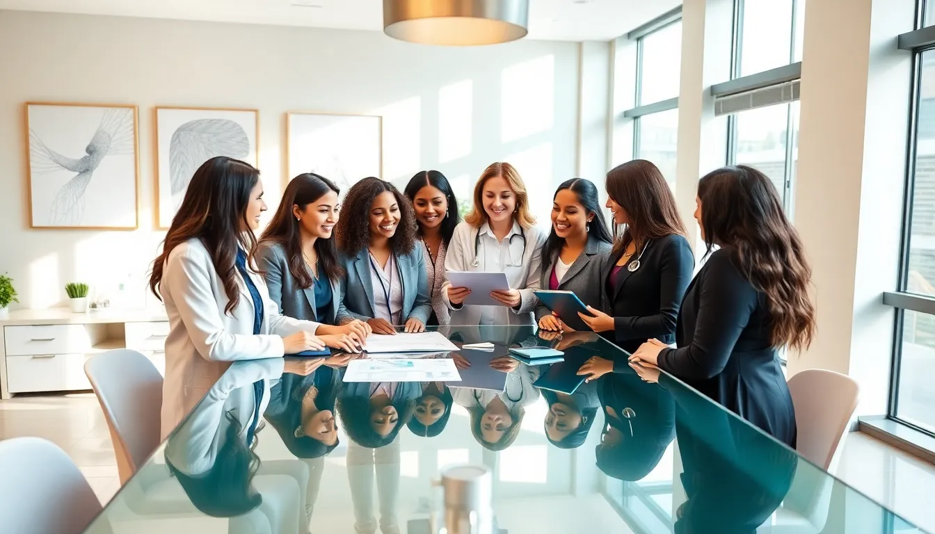 diverse women collaborating in a modern women's health care setting.