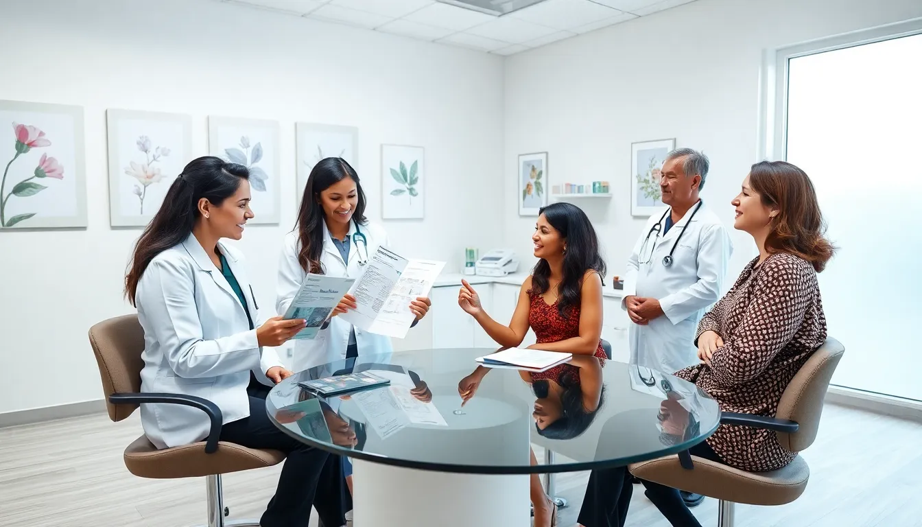 healthcare professionals assisting a woman in a modern clinic setting.