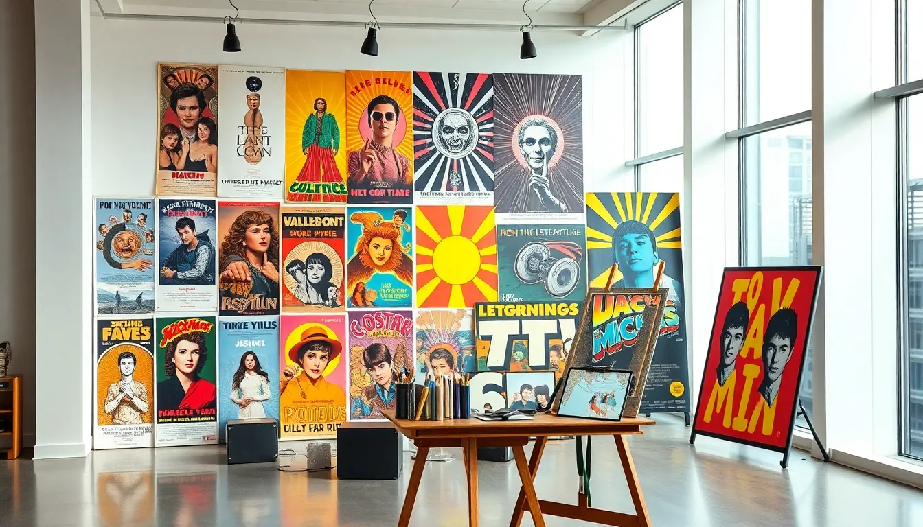 collage of pop culture posters from various eras in a modern setting.