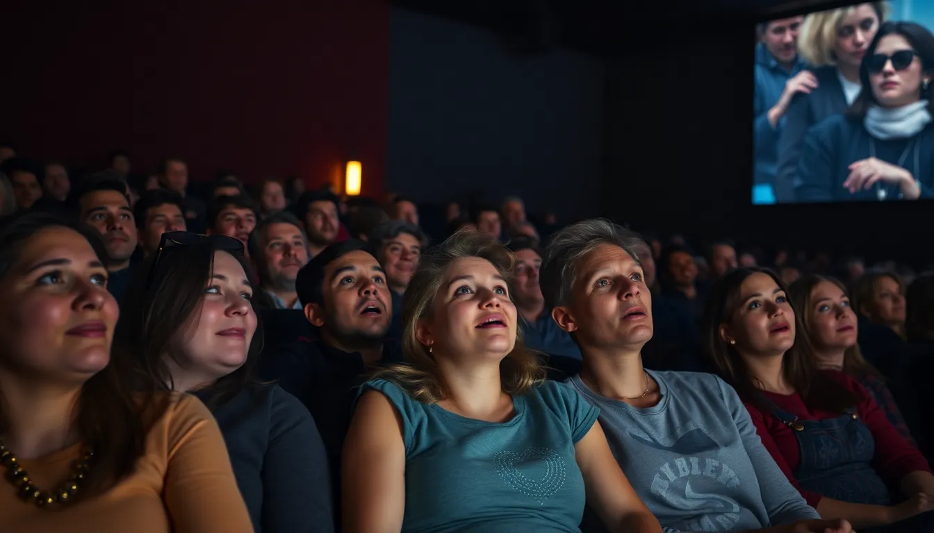 audience surprised by a twist in a movie theater.