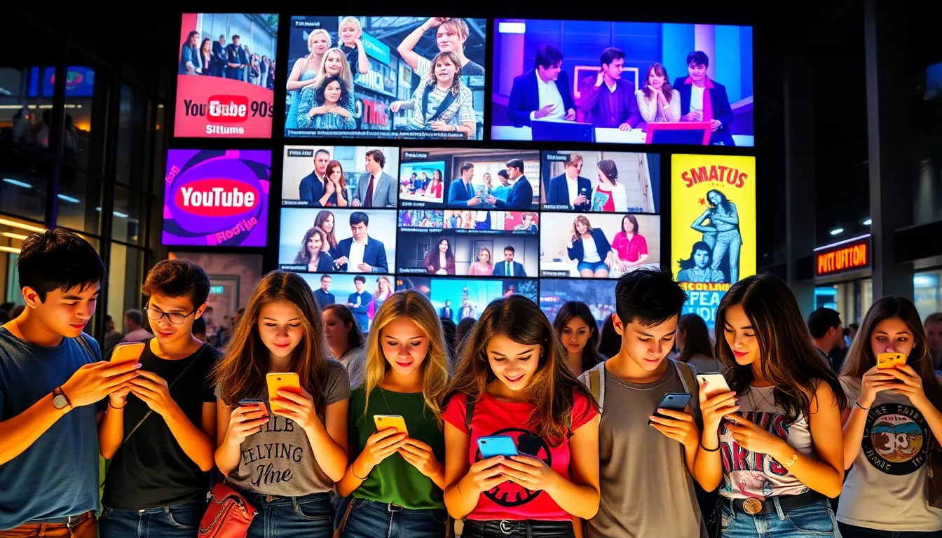 diverse group of young adults interacting with smartphones and pop culture elements.