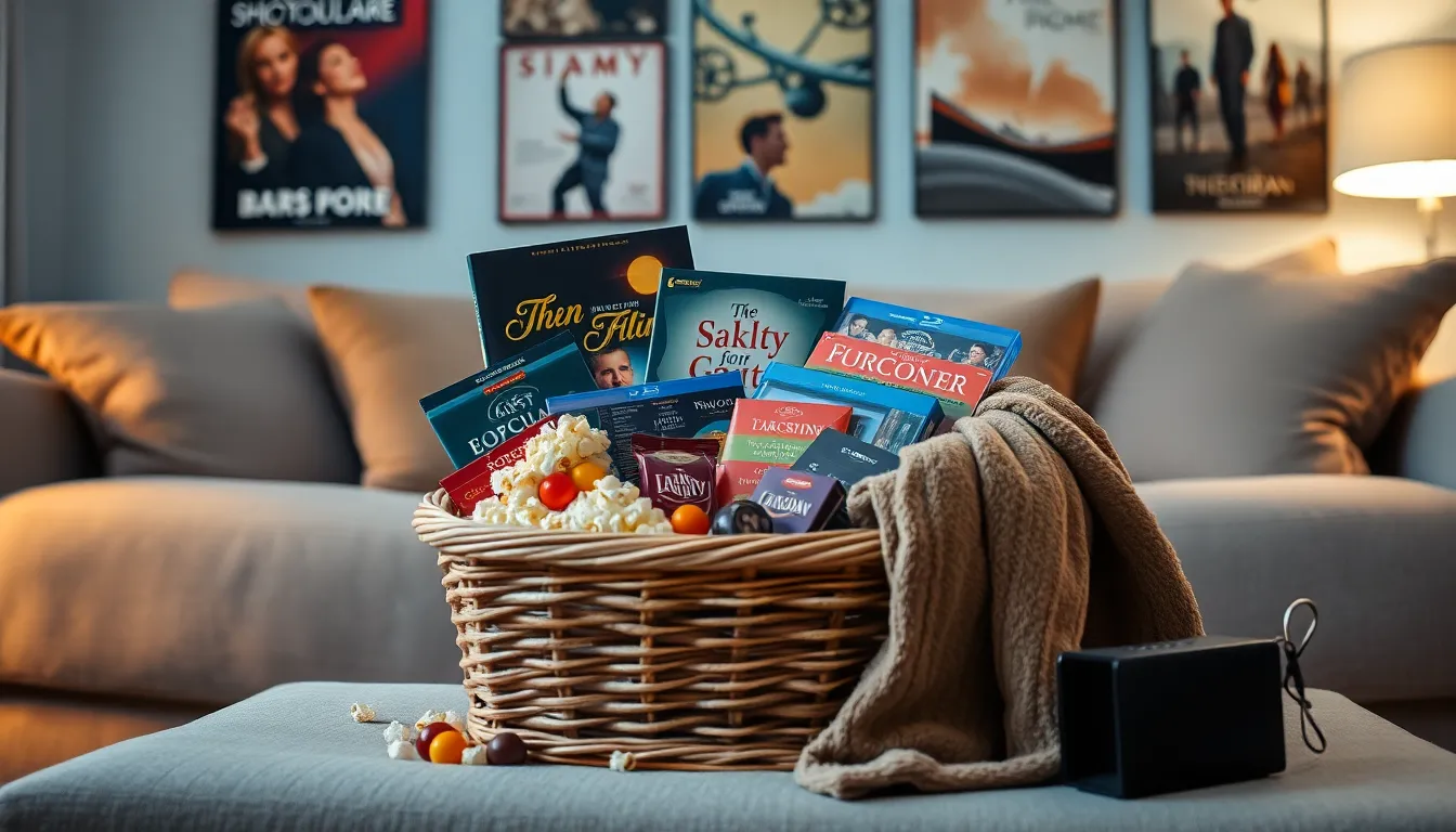A cozy movie basket with snacks and films in a warm living room.
